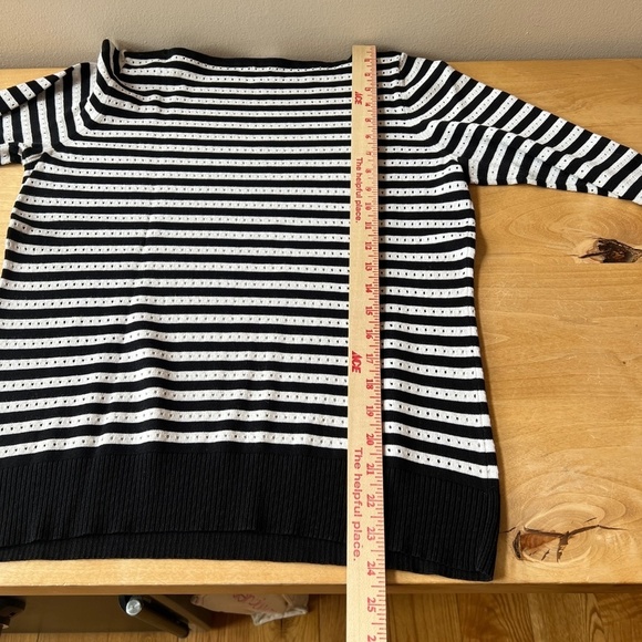 PER SE SWEATER L STRIPED VEGAN LEATHER DETAIL EYELET CASUAL OFFICE PREP - Picture 11 of 13